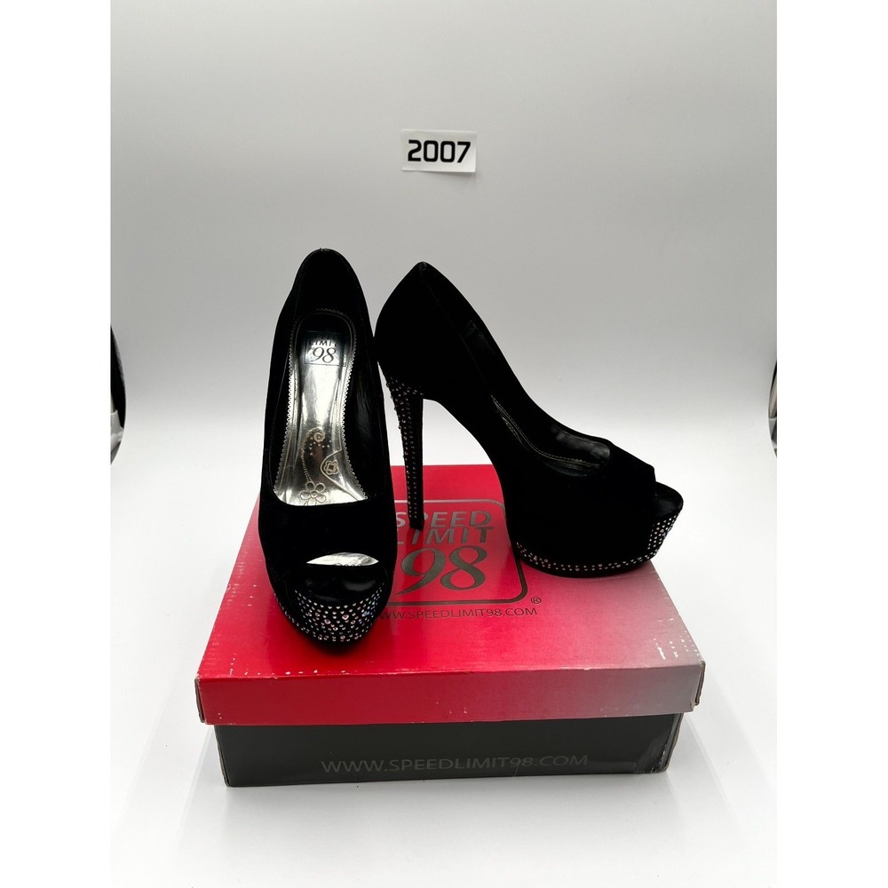 Speed Limit 98 Womens 7.5 Pump Black Lami Suede Rhinestone Studded Stiletto Heel